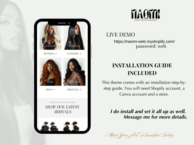 May include: A screenshot of a mobile phone displaying a website for a luxury hair extensions company called "MAOMI". The website features images of different hair extensions, including bundles, closures, wigs, and frontals. The website also includes a "Shop Our Latest Arrivals" section.