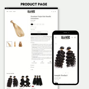 May include: A website product page for human hair extensions. The page features a close-up of a blonde hair bundle and a description of the product. The website also features a mobile view of the product page, showing a close-up of a black hair bundle and the text "Sample Product".