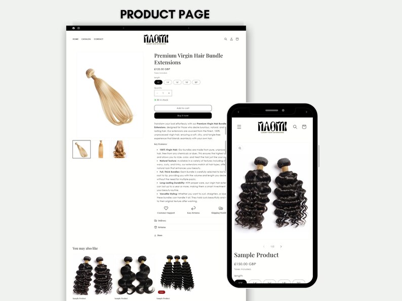 May include: A website product page for human hair extensions. The page features a close-up of a blonde hair bundle and a description of the product. The website also features a mobile view of the product page, showing a close-up of a black hair bundle and the text "Sample Product".