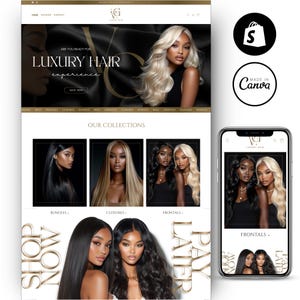 May include: A website and smartphone display featuring a luxury hair brand. The website showcases various hair bundles, closures, and frontals with images of models. The text includes "Luxury Hair" and "Shop Now."