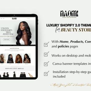 May include: A screenshot of a website for a beauty store. The website is designed with a modern, minimalist aesthetic. The website features a large banner image of a woman with long, black hair. The banner text reads "Unlock Your Hair's True Potential". The website also features a section showcasing the latest arrivals. The website is powered by Shopify.