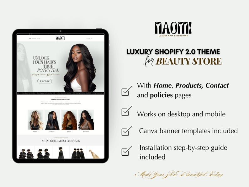 May include: A screenshot of a website for a beauty store. The website is designed with a modern, minimalist aesthetic. The website features a large banner image of a woman with long, black hair. The banner text reads "Unlock Your Hair's True Potential". The website also features a section showcasing the latest arrivals. The website is powered by Shopify.
