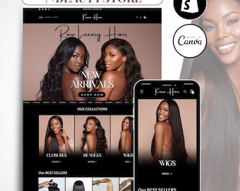 Black Luxury Shopify Theme for Hair Extensions, Beauty Shopify Template, Ecommerce Hair Extension Shopify, Beige Hair Stylist Shopify Theme