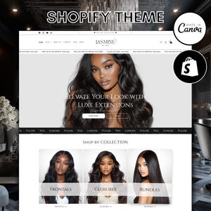 Könnte beinhalten: Ein Website-Design für ein Shopify-Theme, das eine Frau mit langen, dunklen Haaren zeigt. Die Seite bewirbt "Luxe Extensions" und enthält Abschnitte für Frontals, Closures und Bundles. Der Text "Shopify Theme" und "Made in Canva" sind ebenfalls sichtbar.