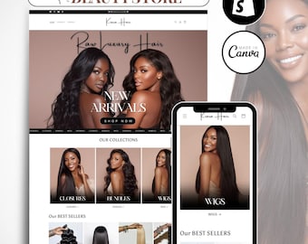 May include: A website design for a beauty store, featuring a Shopify 2.0 theme. The site showcases images of long, flowing hair, with sections for closures, bundles, and wigs. A mobile phone displays the site's design. The text reads "Raw Luxury Hair."