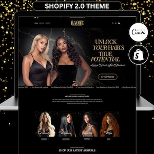 Shopify-mall för lyxiga hårförlängningar, svart och guldig skönhetsbutiksdesign, premium e-handelswebbplats för hårföretag, svart Shopify
