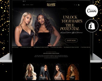 Luxury Hair Extensions Shopify Template, Black and Gold Beauty Store Design, Premium E-commerce Website for Hair Businesses, Black Shopify