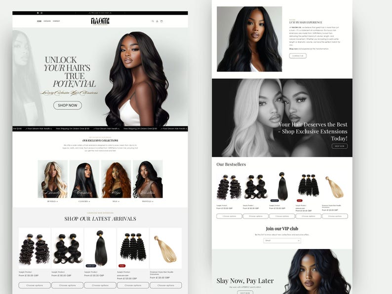 May include: Website homepage for a hair extensions company called "Glaze". The website features images of women with long, flowing hair, and a variety of hair extensions. The text on the website says "Unlock your hair's true potential" and "Shop Exclusive Extensions Today!"