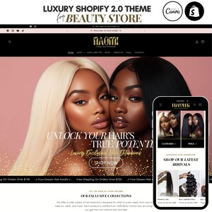 May include: A website homepage for a beauty store selling hair extensions. The website features a photo of two women with long, flowing hair. The text on the website reads "Unlock Your Hair's True Potential" and "Luxury Exclusive Extensions".
