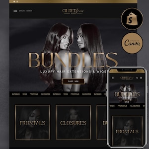May include: A website homepage for "Gilded Hair" featuring two women with long, dark hair. The site promotes bundles, luxury hair extensions, and wigs. The design is black and gold, with a mobile phone displaying the site.
