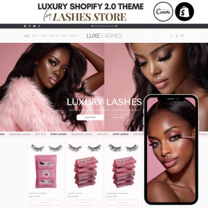Lyxiga fransar Shopify-tema, konstgjorda fransar Shopify-design, elegant e-handelstema för skönhetsmärke, glam chic, skönhetsentreprenörswebbplats