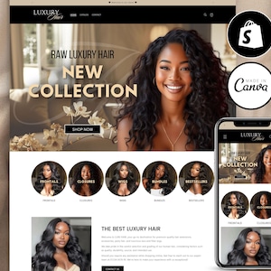 Può includere: Homepage del sito web di un'azienda di extension per capelli chiamata Luxury Hair. Il sito web presenta una modella con capelli lunghi e neri e il testo "Raw Luxury Hair New Collection". Il sito web presenta anche un pulsante "Acquista ora" e un menu con link a frontali, chiusure, parrucche, pacchetti e best seller.