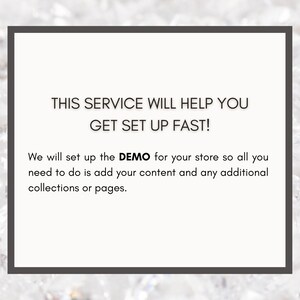 May include: A white background with a dark gray border contains text that reads: "THIS SERVICE WILL HELP YOU GET SET UP FAST!" and "We will set up the DEMO for your store so all you need to do is add your content and any additional collections or pages."
