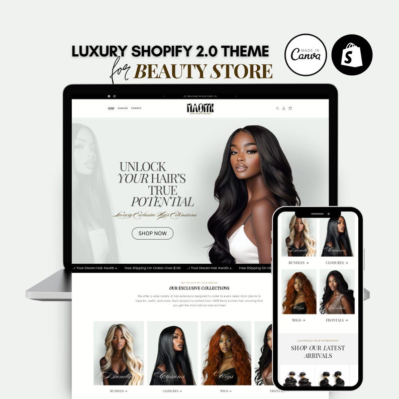 May include: A website screenshot for a beauty store selling hair extensions. The website features a model with long black hair, a call to action to unlock your hair's true potential, and a variety of hair extensions.