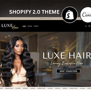 Op de afbeelding: Een website-homepage voor een bedrijf voor haarverlengingen genaamd LUXE Hair. De website toont een model met lang, zwart, golvend haar. De tekst "LUXE HAIR" wordt weergegeven in grote, witte letters op een gouden achtergrond. De tekst "Luxury Exclusive Hair" wordt weergegeven in kleinere witte letters onder de hoofdtitel. Een knop met de tekst "SHOP COLLECTION" wordt weergegeven onder de tekst.