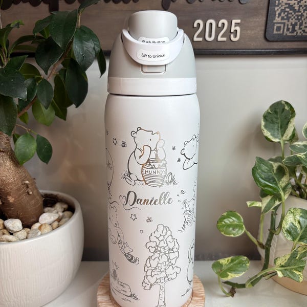 Laser Engraved Classic/Vintage Winnie the Pooh on Authentic Owala 32oz Bottle with Optional Name Engraving. Back to school water bottle.