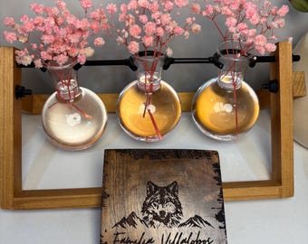 Personalized Wooden Coasters with Base.  Laser Engraved.