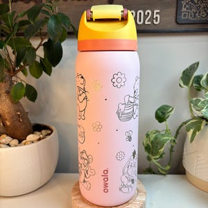 Op de afbeelding: Een lichtroze Owala-waterfles met zwarte lijntekeningen van Winnie de Poeh-personages, waaronder Teigetje, Iejoor en Poeh met een honingpot, samen met bloemen en bijen. De fles heeft een gele en oranje dop.