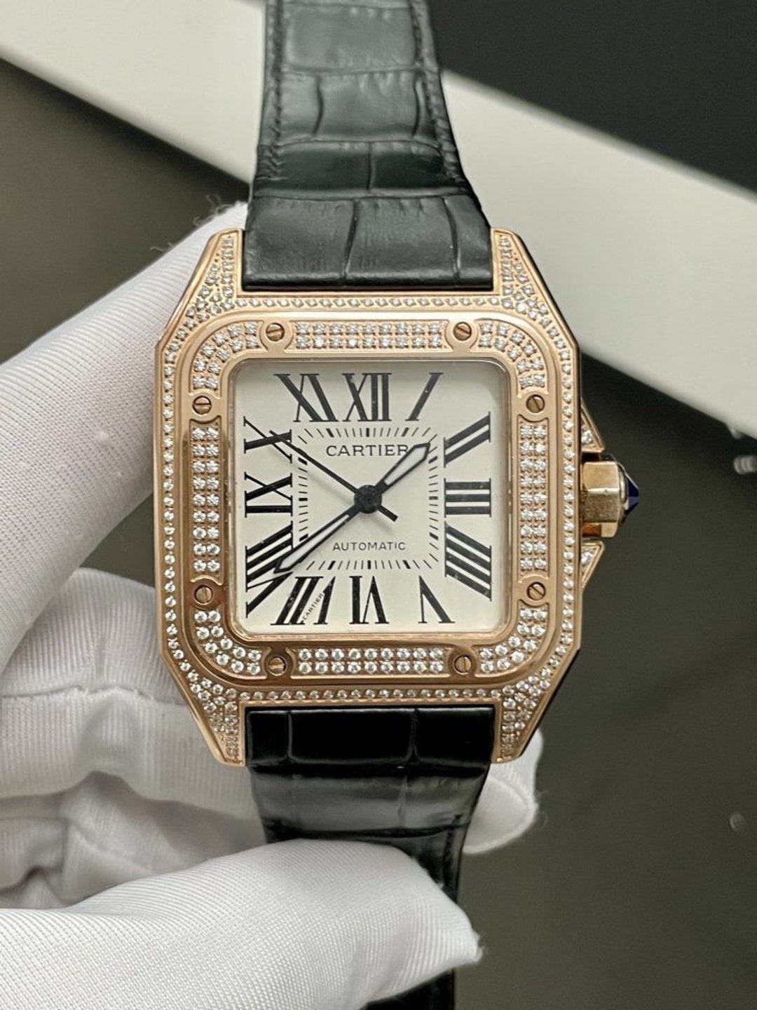 Cartier Santos Rose Gold Dial Stone Watch, Watches, Men's Watches ...