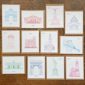 Lot de 12 cartes de remerciements sur le thème de l'architecture de New York, pliées ou dépliées