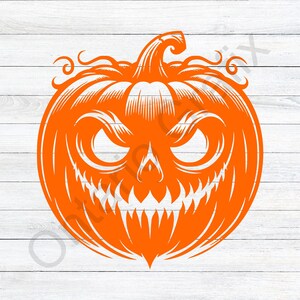 May include: An orange jack-o'-lantern with a menacing grin and sharp teeth. The pumpkin has a detailed, carved design and a stem on top.