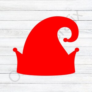 May include: A red felt elf hat with a pointed tip and a curled brim. The hat has a simple design with no embellishments.