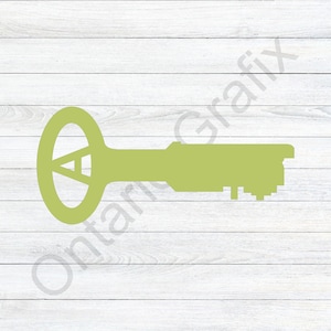 May include: A green key with a large oval head and a small, detailed keyhole. The key is on a white wood background.