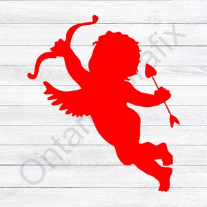 May include: Red silhouette of Cupid with wings, holding a bow and arrow with a heart-shaped tip.