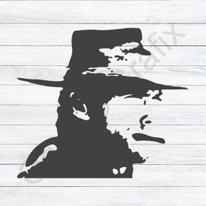 May include: A black and white silhouette of a person wearing a hat. The person is looking to the right. The image is on a white wood background.