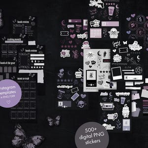 May include: A collection of digital PNG stickers in shades of black, gray, and purple. The stickers include various designs such as butterflies, skulls, hearts, stars, and text. Some stickers are Instagram templates. The image also includes the text "500+ digital PNG stickers."