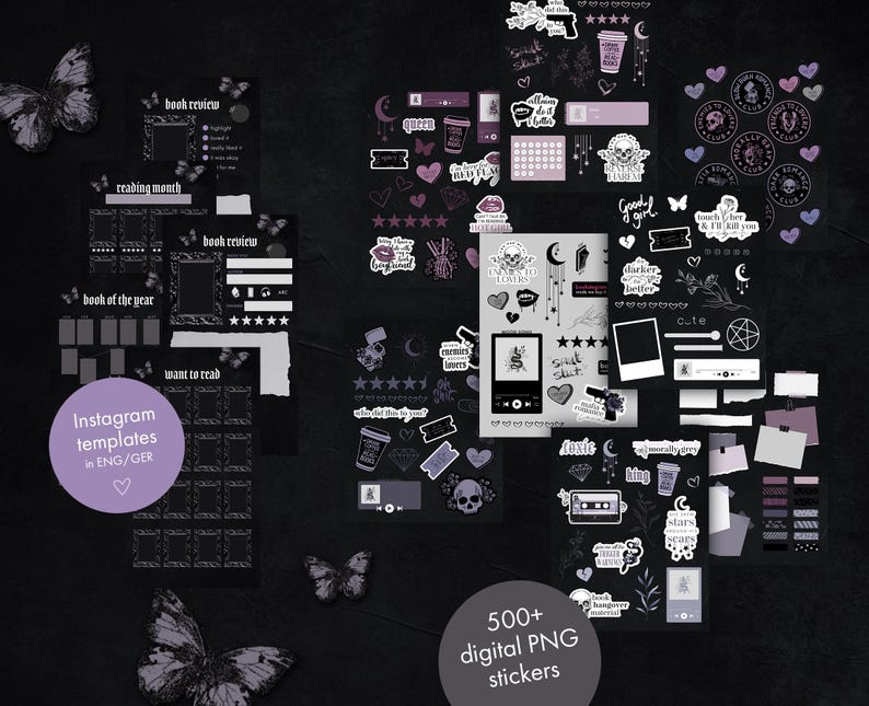 May include: A collection of digital PNG stickers in shades of black, gray, and purple. The stickers include various designs such as butterflies, skulls, hearts, stars, and text. Some stickers are Instagram templates. The image also includes the text "500+ digital PNG stickers."
