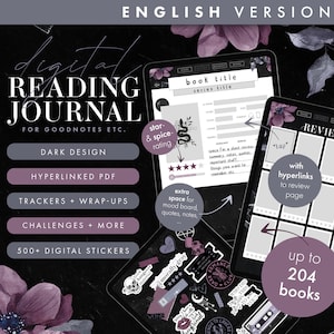 Diario di lettura INGLESE, Scuro, Diario di lettura digitale Versione inglese, Diario di lettura digitale, Diario del libro, Diario del libro Goodnotes,
