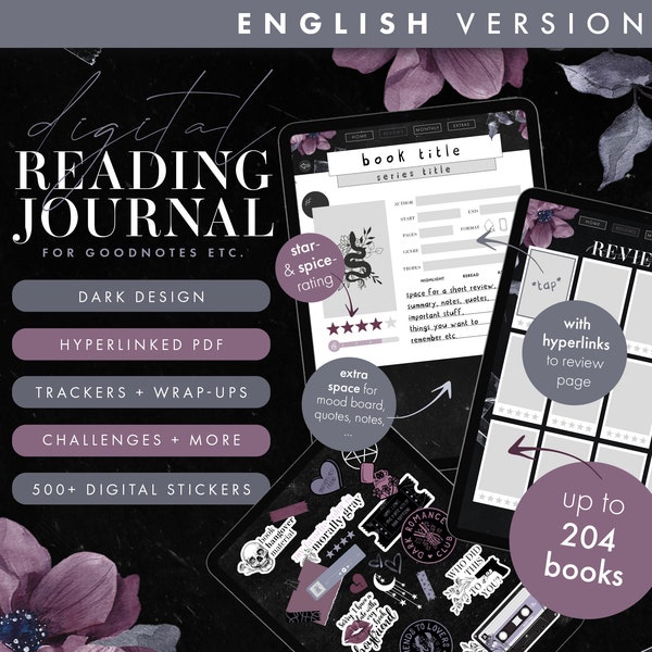 Reading Journal ENGLISH, Dark, Digital Reading Journal English Version, Digital Reading Journal, Book Journal, Book Journal Goodnotes,