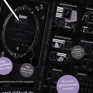May include: A digital journal layout with a dark aesthetic, featuring a decorative oval frame with the word "home" at the top. The journal includes sections for reviews, monthly tracking, and extras, with butterfly accents and the text "good girl book club".