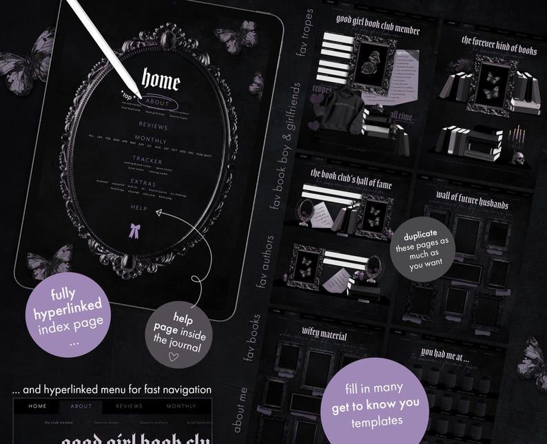 May include: A digital journal layout with a dark aesthetic, featuring a decorative oval frame with the word "home" at the top. The journal includes sections for reviews, monthly tracking, and extras, with butterfly accents and the text "good girl book club".