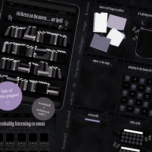 May include: A digital tablet screen displays a dark-themed interface with text that reads "tickets to heaven... or hell". The screen shows a bookshelf, notes, and other elements. The text "lots of extra pages!" is also visible.