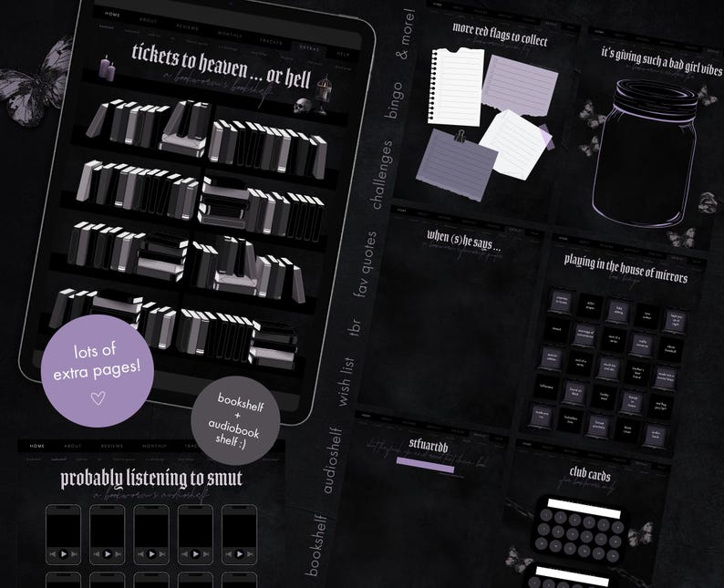 May include: A digital tablet screen displays a dark-themed interface with text that reads "tickets to heaven... or hell". The screen shows a bookshelf, notes, and other elements. The text "lots of extra pages!" is also visible.