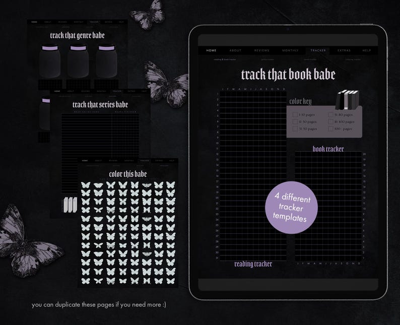 May include: Digital planner with a black background and white text. The planner includes templates for tracking books, series, and genres. The text includes "track that book babe", "color this babe", and "4 different tracker templates". Decorative butterfly graphics are also present.