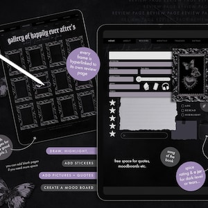 May include: Two digital tablets displaying a dark-themed planner interface. One tablet shows a gallery layout with frames, the other a review page. Text includes "gallery of happily ever after's" and options like "draw, highlight" and "add stickers". Butterflies and purple accents.