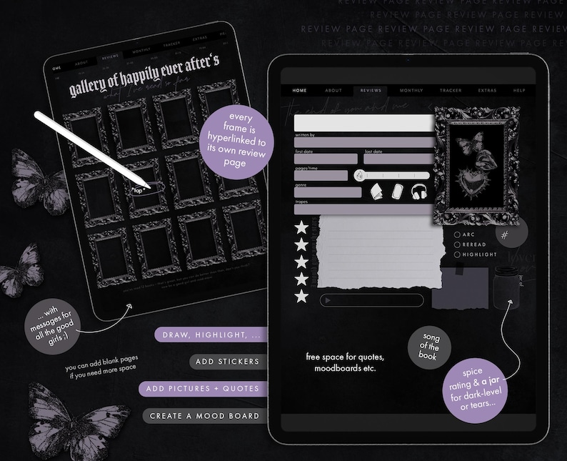 May include: Two digital tablets displaying a dark-themed planner interface. One tablet shows a gallery layout with frames, the other a review page. Text includes "gallery of happily ever after's" and options like "draw, highlight" and "add stickers". Butterflies and purple accents.