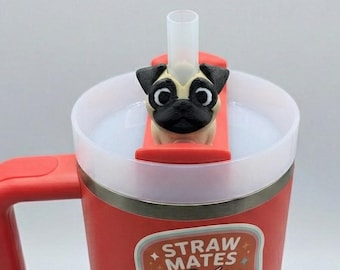 Articulating Pug Straw Topper – 3D Printed Straw Mate Accessory (Stanley Sized)