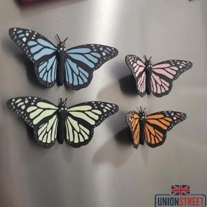 May include: Four butterfly magnets in shades of blue, pink, yellow, and orange, each with black detailing. They are attached to a metallic surface. The magnets are arranged in a square formation.