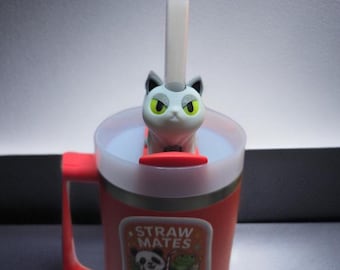 Cat Straw Topper – 3D Printed Glowing Eyes Ghost Kitty, Fits Stanley Straws