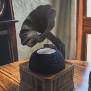 Apple HomePod Mini Retro Gramophone Stand: Faux Wood Smart Speaker Dock