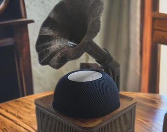 Apple HomePod Mini Retro Gramophone Stand: Faux Wood Smart Speaker Dock