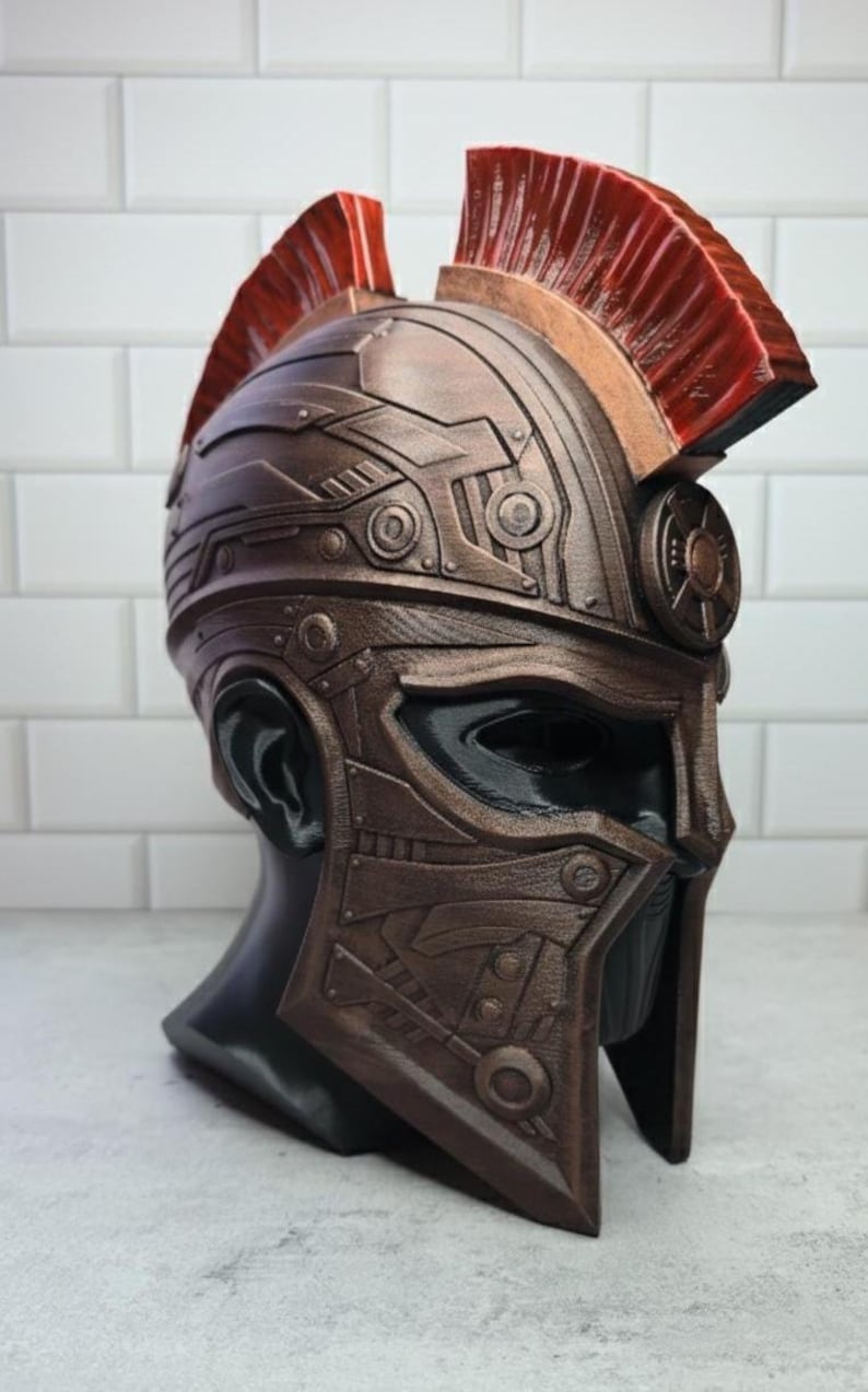 3D Printed Spartan Helmet Headphone Stand: Geeky Desk Decor Bronze/Red