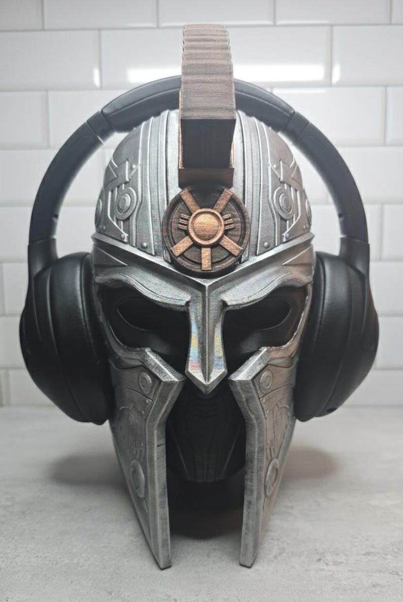 3D Printed Spartan Helmet Headphone Stand: Geeky Desk Decor Silver/Bronze