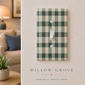 May include: A rectangular light switch wall plate featuring a dark green and cream buffalo check plaid pattern. The plate includes a central toggle switch and two silver mounting screws, with the text Willow Grove Premium UV Printed Finish.