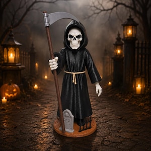 May include: A grim reaper figurine featuring a white skull head, a black hooded robe with a beige rope belt, and a scythe. The figure stands on a circular base with a small gray tombstone marked RIP and a black metal fence section attached.