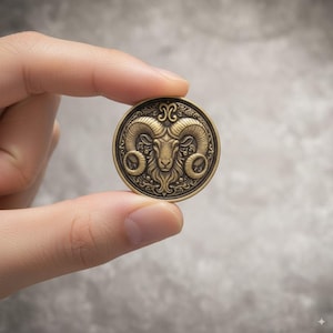 May include: A circular, antique gold-toned coin depicting a detailed ram's head with large, curved horns. The coin is held between two fingers against a blurred grey background. The ram's head is the central design element.